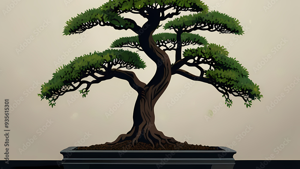 Fototapeta premium A flat vector background highlighting a close-up view of a bonsai tree’s leaves and branches, with an emphasis on clean lines, contrasting colors, and negative space