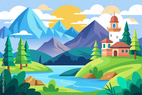 A picturesque mountain landscape with a house by a winding river