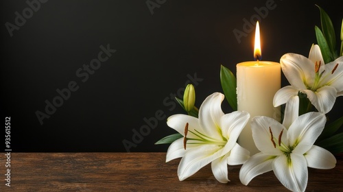 White Lilies and Burning Candle on Wooden Table
