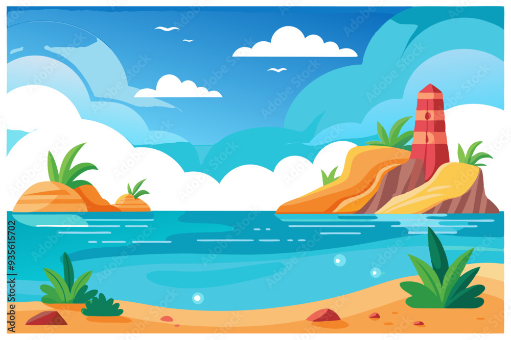 Obraz premium Seascape with a Lighthouse on a Rocky Outcrop
