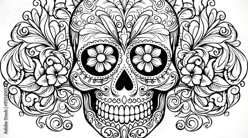 Halloween Sugar Skull Ornament coloring page. Coloring for Adult for Day of the Dead. Mexican festival. Black and White Coloring Pages with Skull and Flowers. Dia de los Muertos.