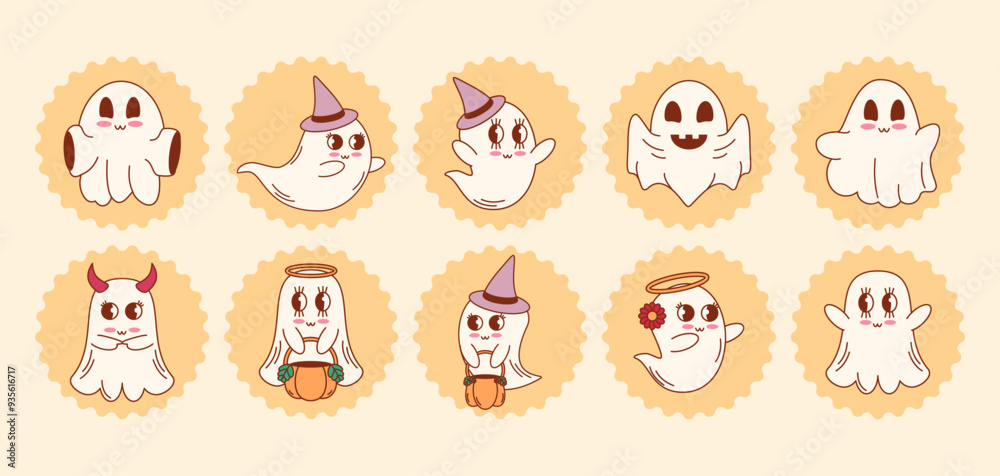 Groovy retro halloween character ghosts set. Spooky vibes. Vector illustration. Groovy retro halloween character ghosts set. Spooky vibes. Vector illustration.