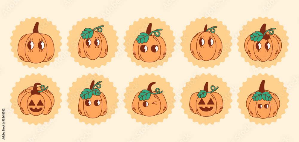 Groovy retro halloween character pumpkin set. Cute. Vector illustration. Groovy retro halloween character pumpkin set. Cute. Vector illustration.