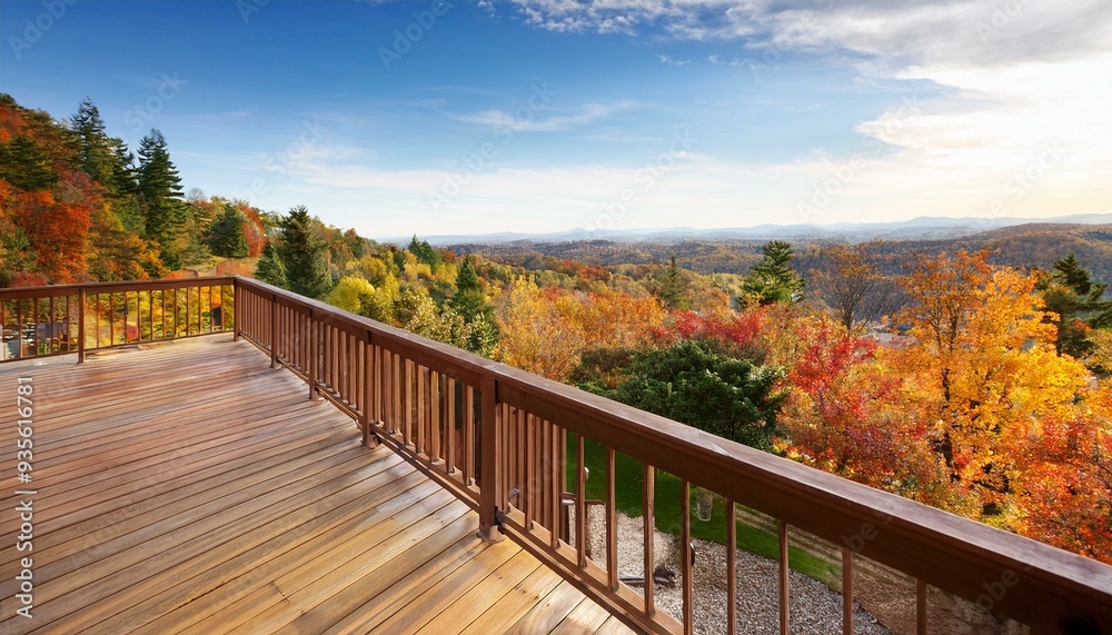 Patio deck terrace view of vacation house with scenic view in Fall with colorful foliage Patio deck terrace view of vacation house with scenic view in Fall with colorful foliage