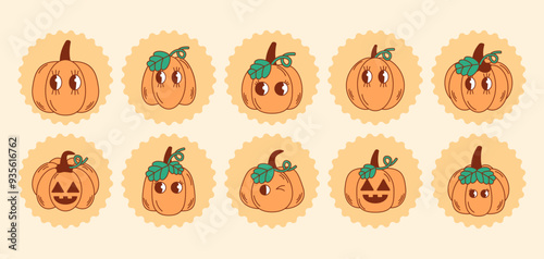 Groovy retro halloween character pumpkin set. Cute. Vector illustration.