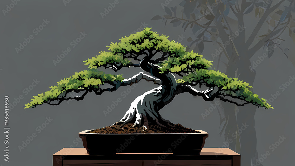 A flat vector background highlighting a close-up view of a bonsai tree’s leaves and branches, with an emphasis on clean lines, contrasting colors, and negative space A flat vector background highlighting a close-up view of a bonsai tree’s leaves and branches, with an emphasis on clean lines, contrasting colors, and negative space