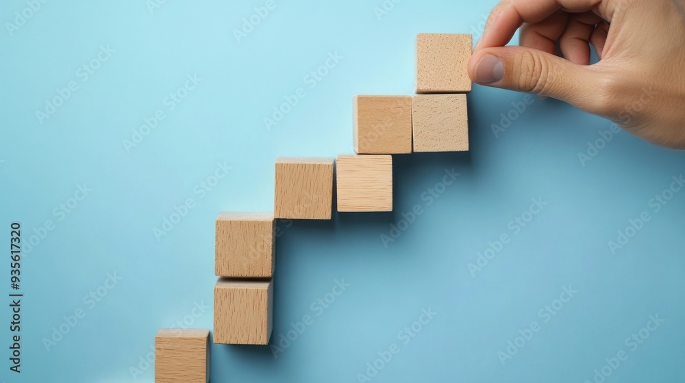 Hand Building a Staircase of Wooden Blocks on a Blue Background Hand Building a Staircase of Wooden Blocks on a Blue Background