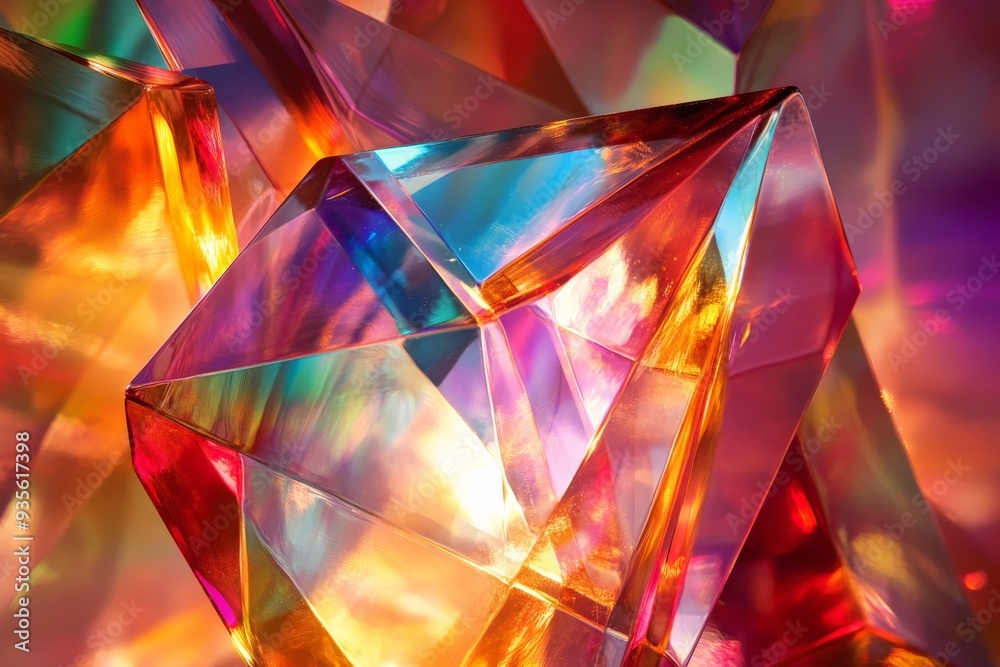 Beautiful crystalline structures with vibrant multicolor reflections create a dazzling visual experience, revealing the beauty and complexity of crystal prisms and light interplay.