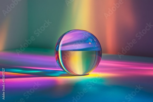 A clear crystal ball capturing and reflecting vibrant and colorful lights on a smooth surface, creating a mesmerizing and enchanting visual effect.