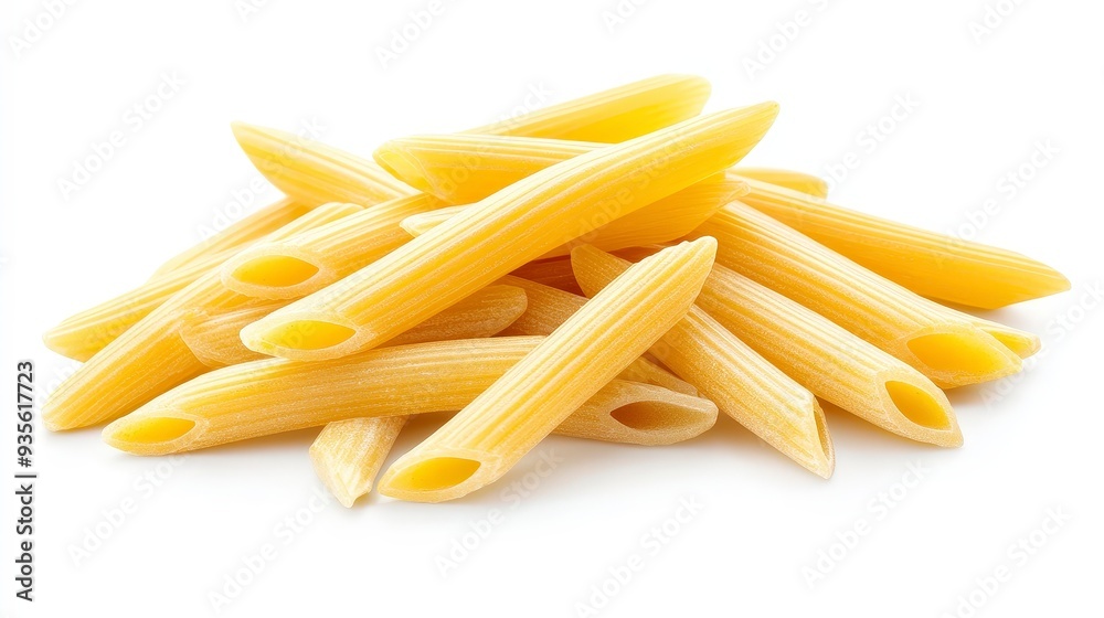A small pile of dry penne pasta on a white background. A small pile of dry penne pasta on a white background.