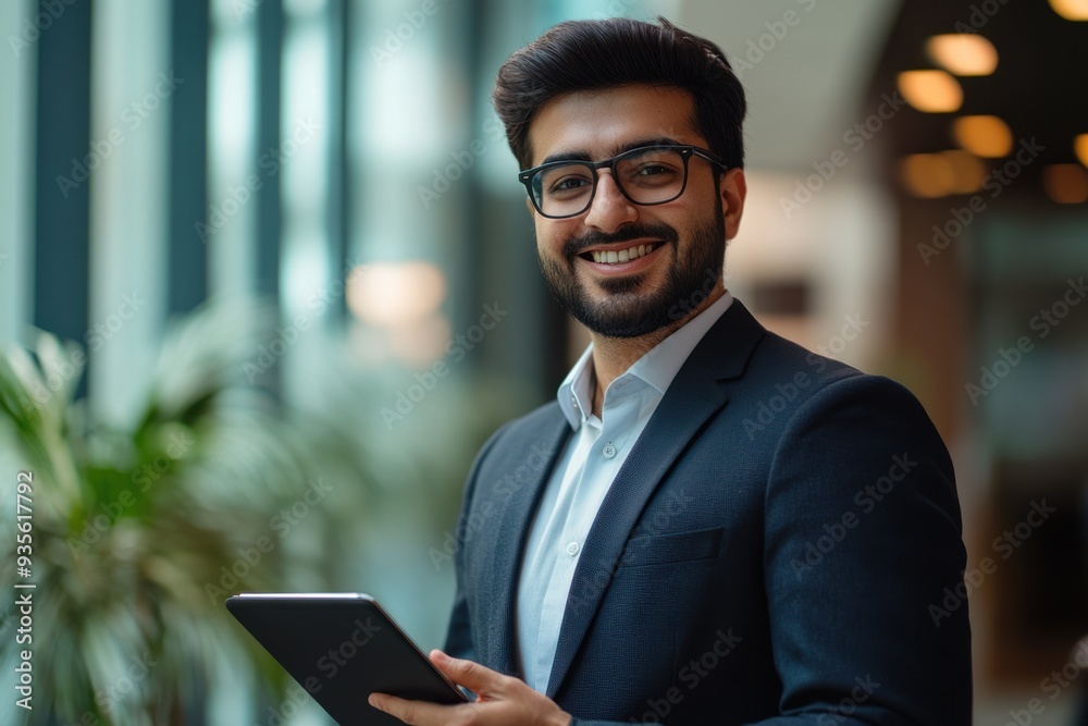 Fototapeta premium Smiling Businessman Holding Tablet