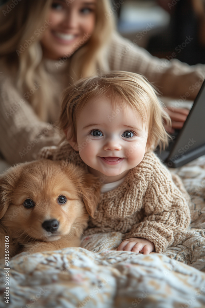 kleines kind baby mit einem hund zu hause kuscheln kleines kind baby mit einem hund zu hause kuscheln