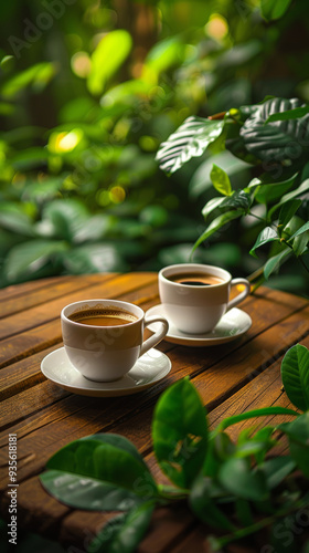 Warm coffee cups on wooden table surrounded by lush green leaves create cozy and inviting atmosphere.