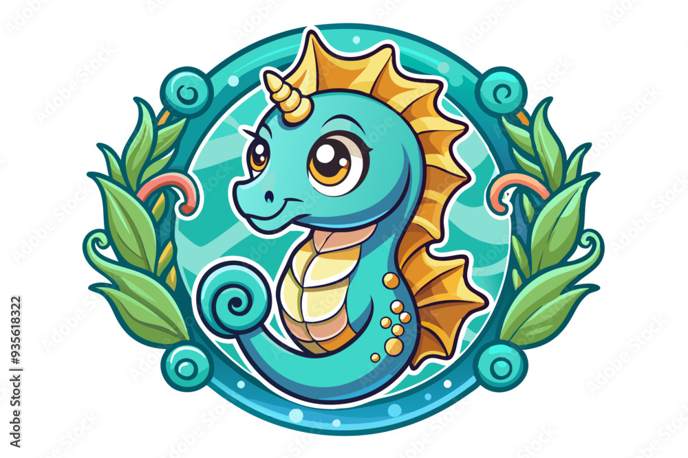 Cute Cartoon Seahorse with Horn in Ocean-Themed Frame Cute Cartoon Seahorse with Horn in Ocean-Themed Frame