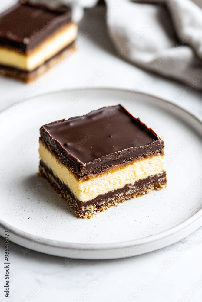 a serving of Nanaimo bars, a layered dessert with a crumbly base, creamy custard, and a rich chocolate topping, arranged on a white plate a serving of Nanaimo bars, a layered dessert with a crumbly base, creamy custard, and a rich chocolate topping, arranged on a white plate