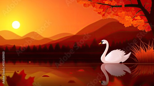 Fototapeta Naklejka Na Ścianę i Meble -  A serene sunset landscape featuring a graceful swan gliding across a calm lake surrounded by autumn foliage.
