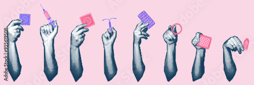 Hands holding contraceptives, collage in the style of pop art grunge on pink. Made in a halftone style using vector dots, cropped from the bottom. Set of hands and contraceptives in different poses