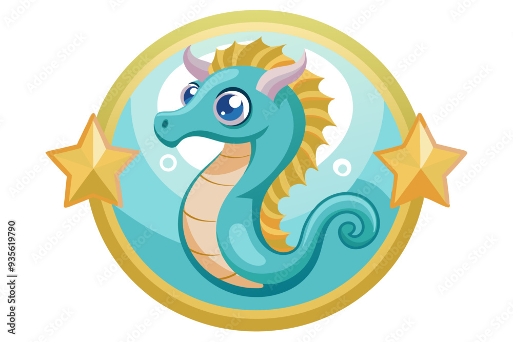 Fototapeta premium Cartoon Seahorse with Gold Stars in a Circle