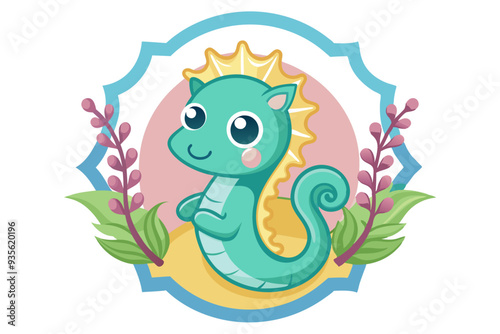 Cute Cartoon Seahorse with Floral Frame