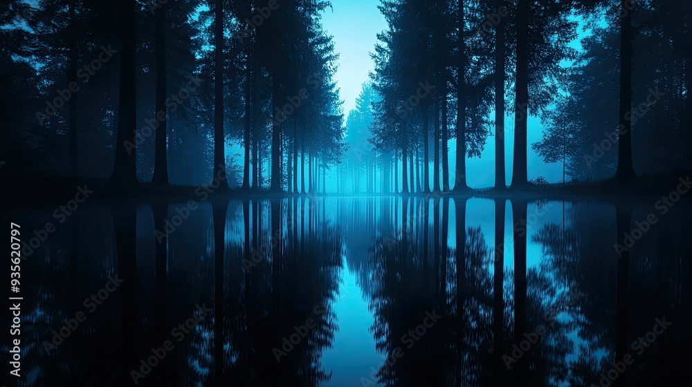 Obraz premium Mysterious forest with fog and tranquil water reflections, evoking serenity and peace in a dreamy twilight setting.