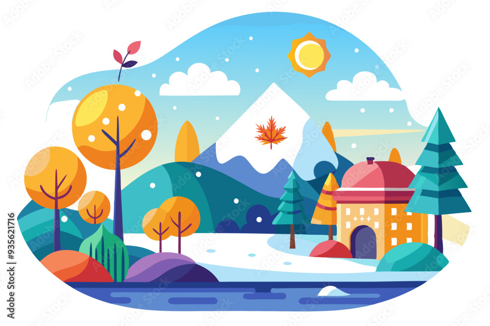 Winter Wonderland Scene with a House and Mountain