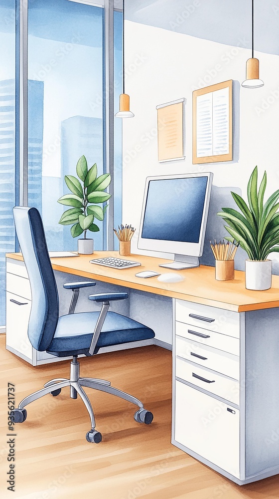 Fototapeta premium Bright and modern office interior featuring a desk, computer, plants, and large windows, perfect for productivity and inspiration.