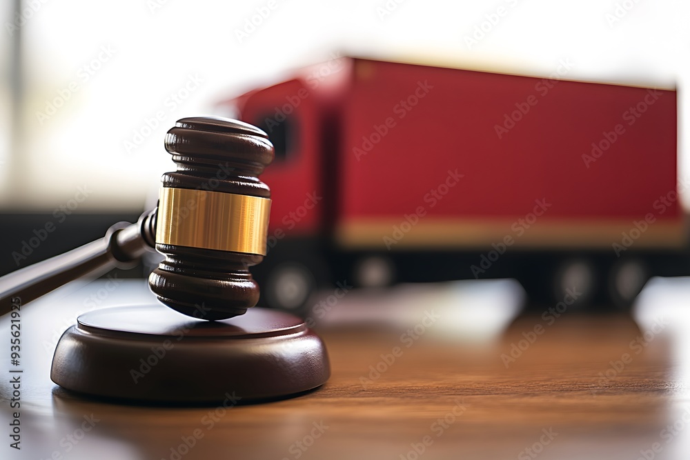 A gavel and a truck model on a table, blurred background. A concept of arms law for commercial transportation A gavel and a truck model on a table, blurred background. A concept of arms law for commercial transportation