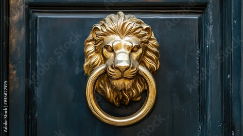 A golden door knocker in the shape of a lion's head, symbolizing strength and authority