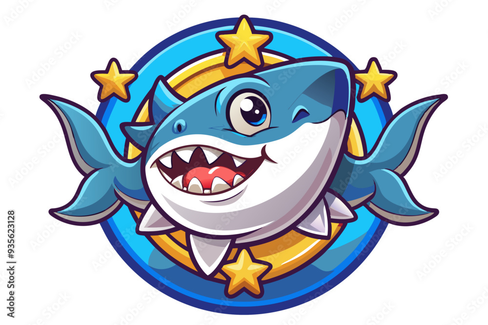 A Smiling Cartoon Shark with Stars and a Blue Circle Background A Smiling Cartoon Shark with Stars and a Blue Circle Background