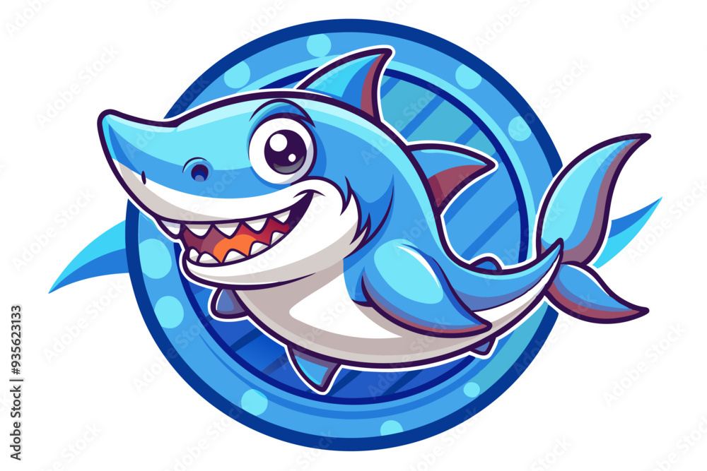Naklejka premium Cartoon Shark with Big Grin in Blue Circular Frame