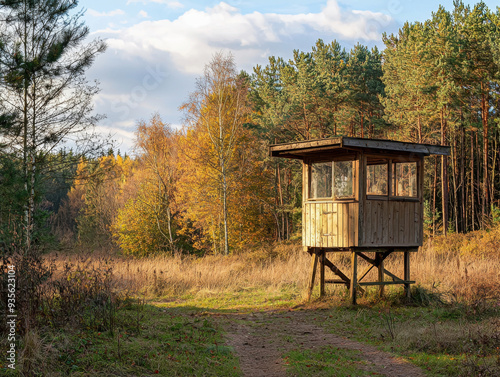 A small wooden structure with a roof sits in a field