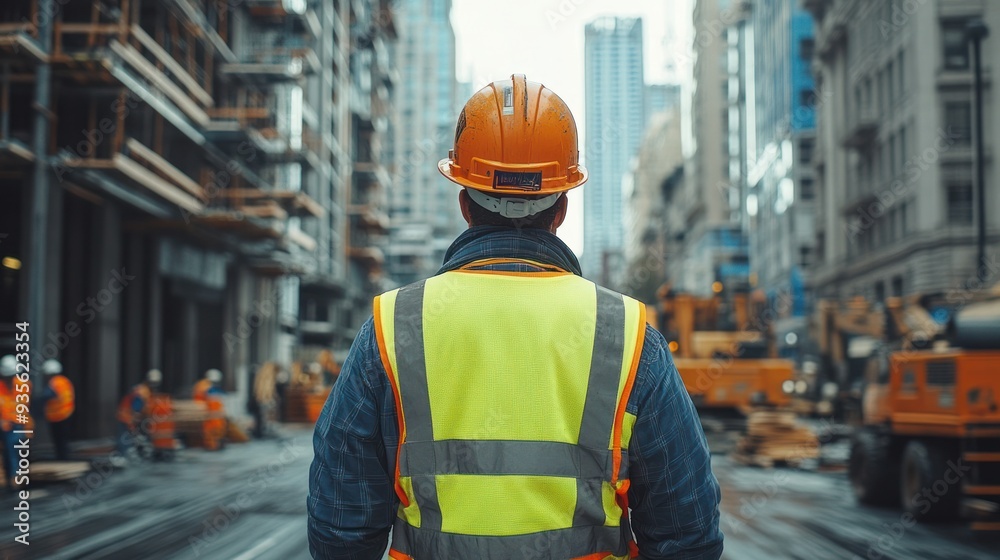 A detailed view of construction workers equipped with safety gear, including vests, hard hats, and gloves, ensuring a safe work environment. A detailed view of construction workers equipped with safety gear, including vests, hard hats, and gloves, ensuring a safe work environment.