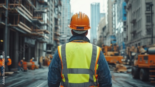 A detailed view of construction workers equipped with safety gear, including vests, hard hats, and gloves, ensuring a safe work environment.