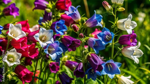 Delicate Canterbury bells flowers in shades of blue and white bloom in a lush green meadow surrounded by lush foliage on a sunny day. photo