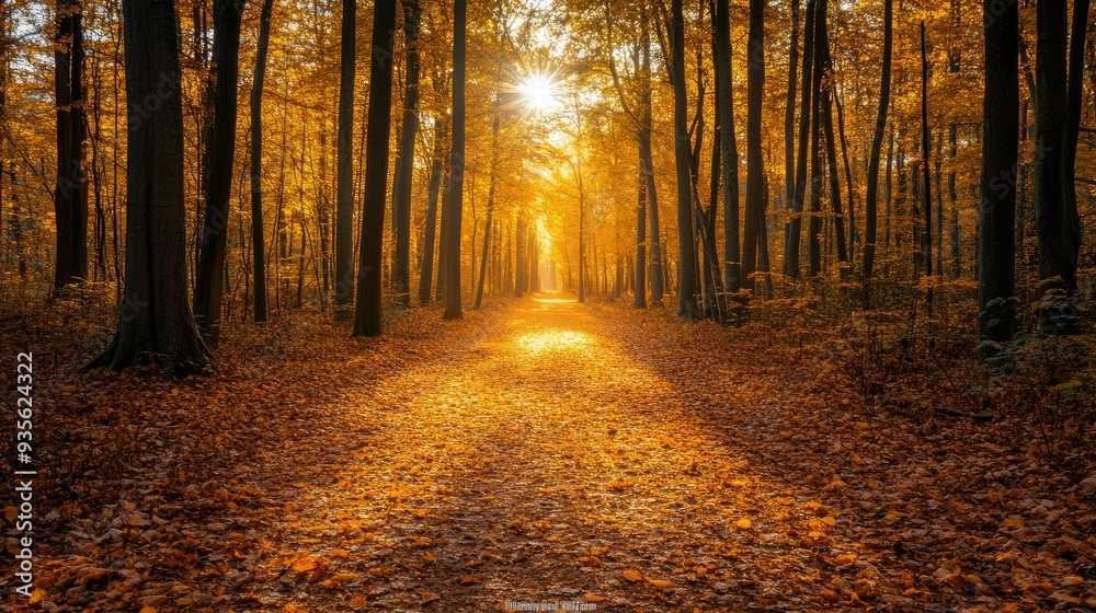 A golden pathway through an autumn forest, leaves covering the ground in a warm glow A golden pathway through an autumn forest, leaves covering the ground in a warm glow
