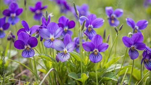 Vibrant purple viola flowers bloom amidst a lush green wildflower field, surrounded by delicate grasses, capturing the essence of springtime beauty and serenity in nature.