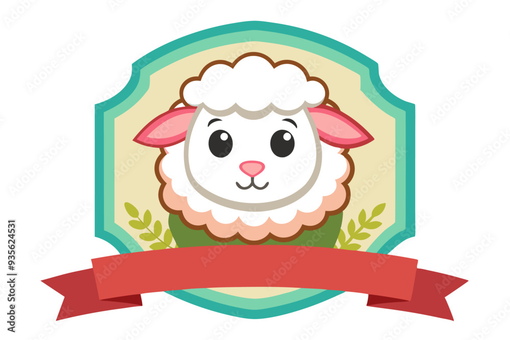 Naklejka premium Cute Cartoon Sheep Face Inside a Green and Beige Shield With a Red Ribbon Banner