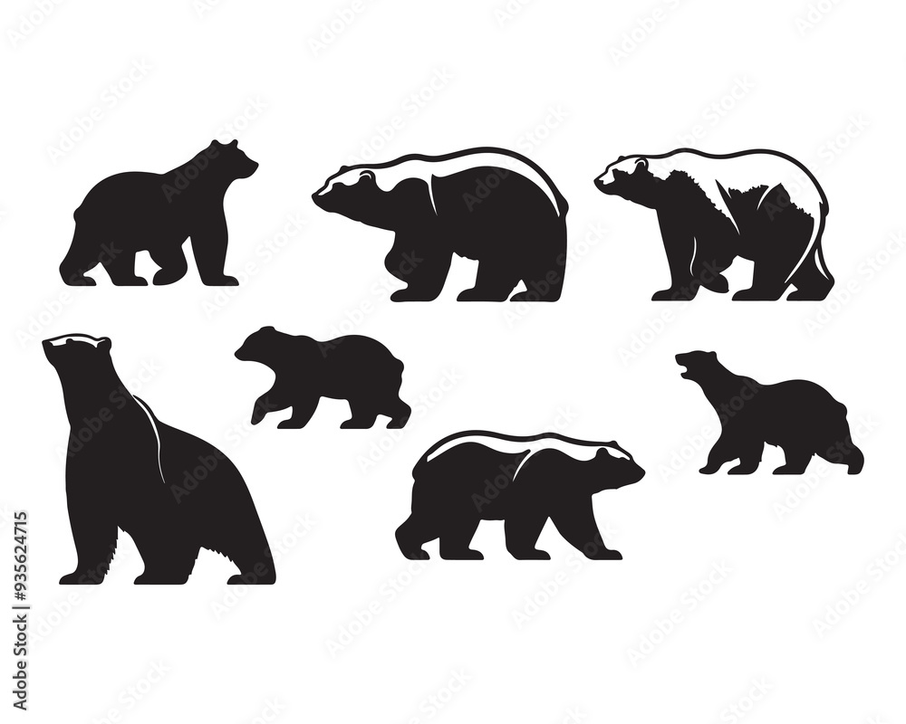 Fototapeta premium Polar bear silhouettes set, large pack of vector silhouette design, isolated white background ,Grizzly bear or polar bear silhouette flat vector icon for animal wildlife apps and websites