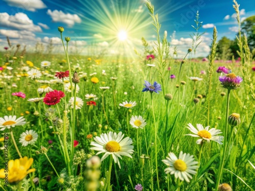 Vibrant wildflowers sway gently in a lush meadow, basking in soft, warm sunbeams, under a brilliant blue summer sky with puffy white clouds.