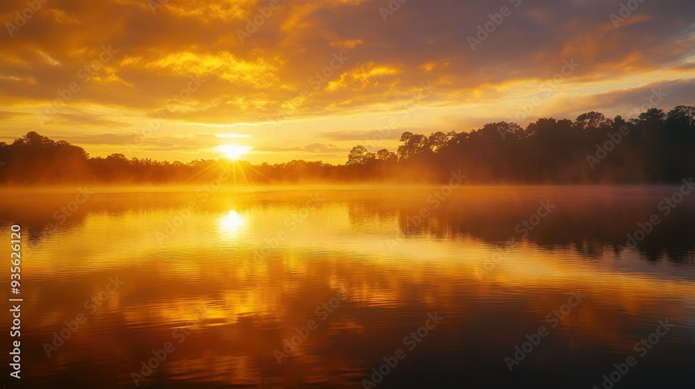 A golden sunrise over a tranquil lake, with the water reflecting the warm colors of the sky A golden sunrise over a tranquil lake, with the water reflecting the warm colors of the sky