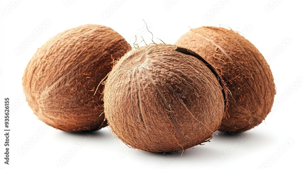 Three coconuts, one cracked open, isolated on a white background. Three coconuts, one cracked open, isolated on a white background.