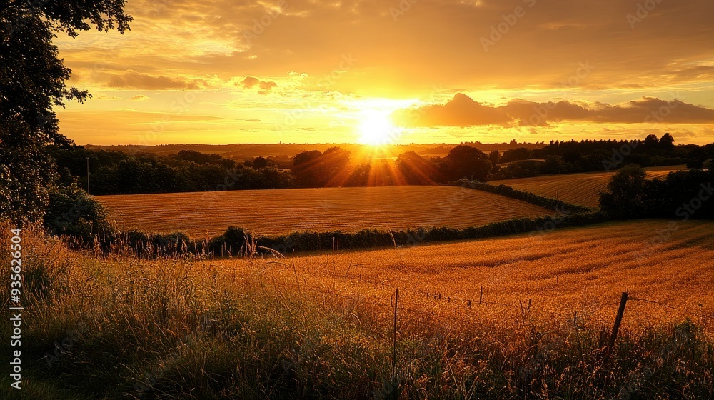 Obraz premium A golden sunset over a peaceful countryside, with the fields and trees bathed in warm light