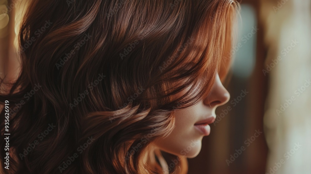 A young woman with wavy auburn hair is captured in profile, illuminated by soft light, with a blurred background enhancing her serene expression.