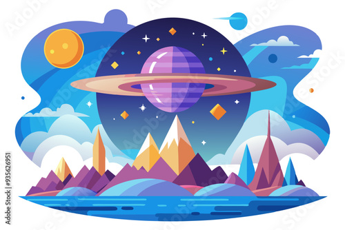 A ringed planet above a mountainous landscape with a starry night sky