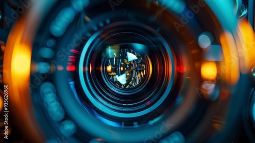 Close-up view of a camera lens with a blurred background of colorful lights.