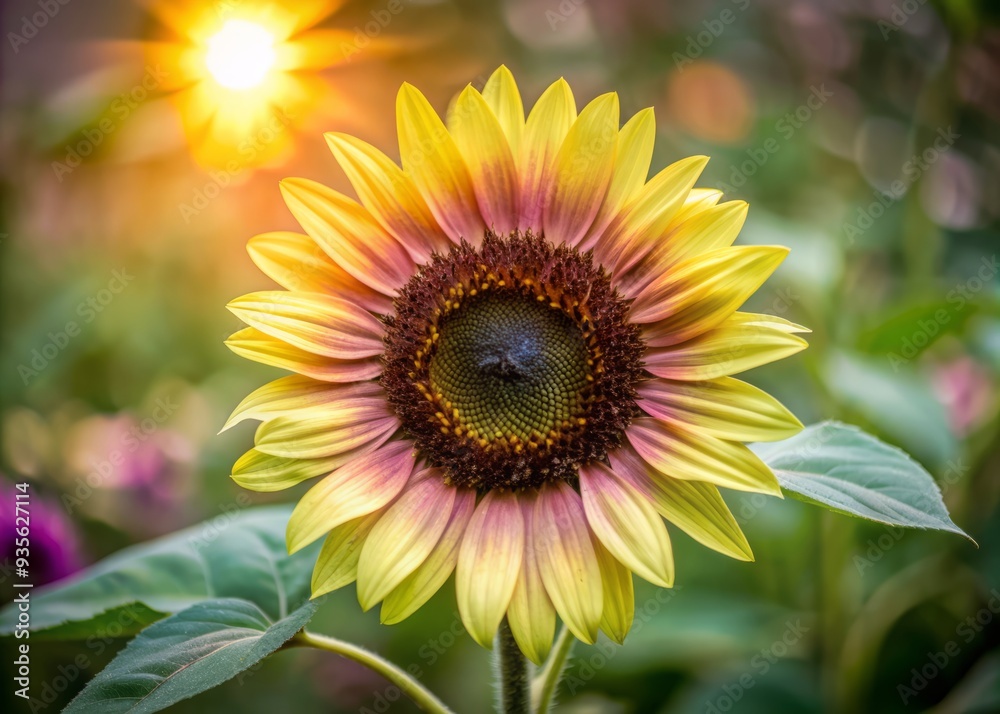 Obraz premium Vibrant yellow petals unfurl from a dark center, glowing with warmth and optimism, as a single sunflower bloom shines bright against a soft, blurred background.