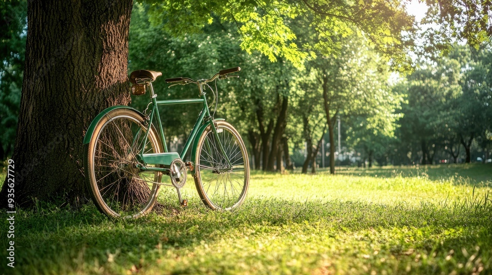 A green bicycle leaning against a tree in a park, symbolizing an eco-friendly lifestyle A green bicycle leaning against a tree in a park, symbolizing an eco-friendly lifestyle