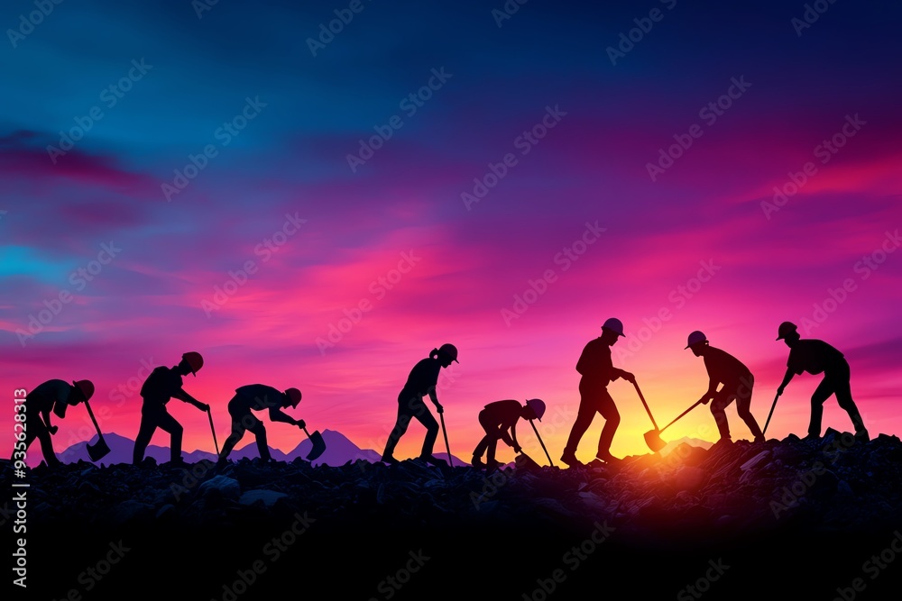 Fototapeta premium A banner featuring silhouettes of workers at different jobs, from construction to healthcare, against a gradient sky at dawn