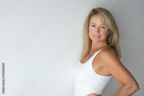 A close-up portrait of a mature blonde woman wearing a white tank top, posing against a  white background. Relaxed, confident expression with her arm raised,  natural beauty of sport life. photo