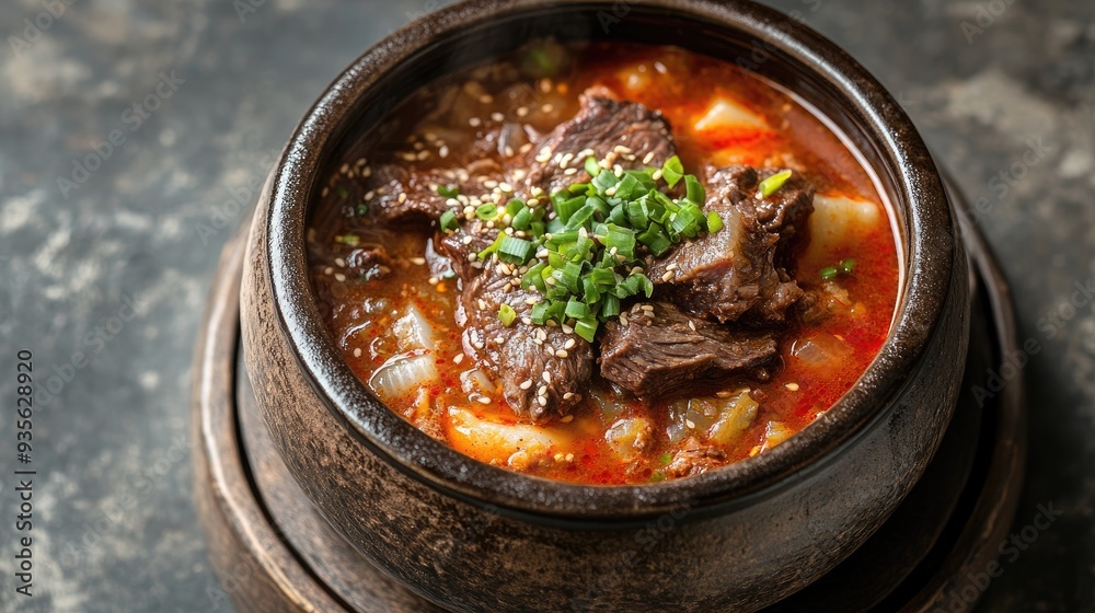 A hearty Korean galbitang (beef short rib soup) in a clay bowl, with open space at the top for custom text.